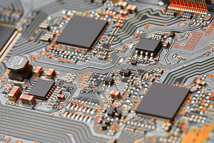 Electronic circuit board close up.